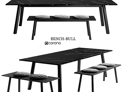 Modern Black Marble Dining Table And Bench Set With Soft Pillows Design 3d model