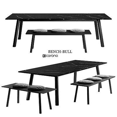 Modern Black Marble Dining Table And Bench Set With Soft Pillows Design 3d model