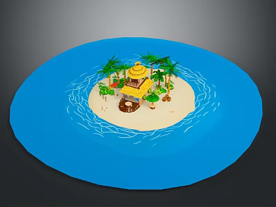 Tropical Island Scene With Sandy Beach Palm Trees Blue Water And Yellow Building 3d model