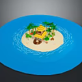Tropical Island Scene With Sandy Beach Palm Trees Blue Water And Yellow Building