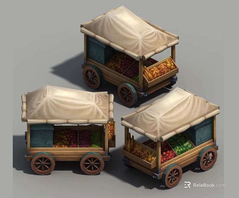 Vintage Wooden Fruit Carts With Canvas Canopies Filled With Assorted Fruits 3d model 