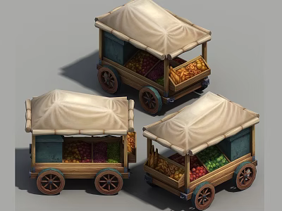 Vintage Wooden Fruit Carts With Canvas Canopies Filled With Assorted Fruits 3d model