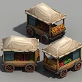 Vintage Wooden Fruit Carts With Canvas Canopies Filled With Assorted Fruits