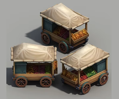 Three Shading and Two Shading Fruit Stalls Stalls Fruit Selling Cars Shop Hand-painted Scenes 3d model