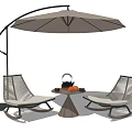 Modern Woven Outdoor Chairs with Patio Umbrella Coffee Table Teapot and Oranges
