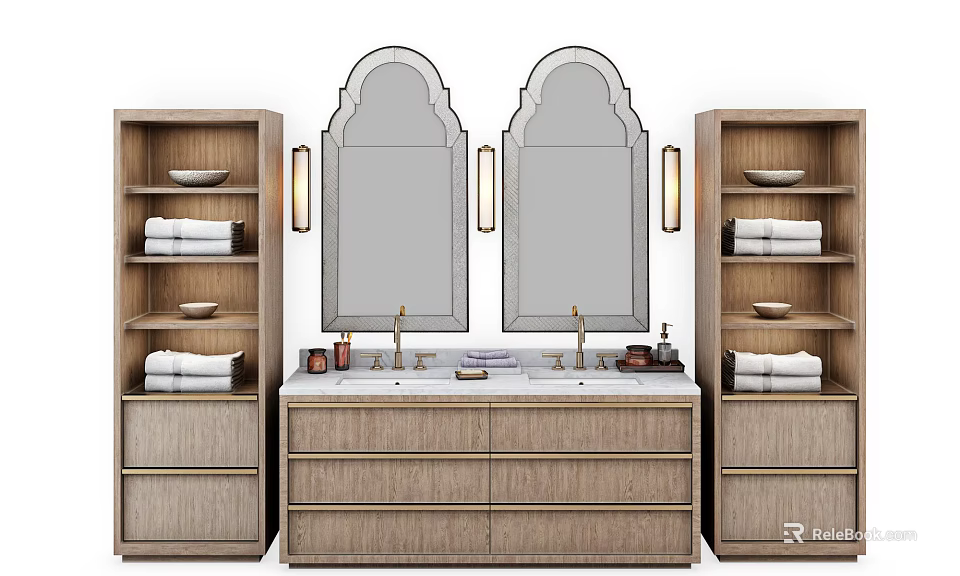 Wooden Double Sink Vanity With Arched Mirrors Side Storage Shelves And Wall Sconces 3d model 