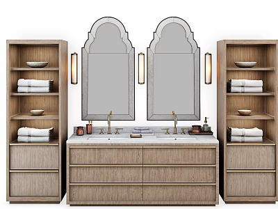 Wooden Double Sink Vanity With Arched Mirrors Side Storage Shelves And Wall Sconces 3d model