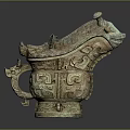 Ancient Chinese Bronze Decorative Vessel With Intricate Patterns And Animal Head Design