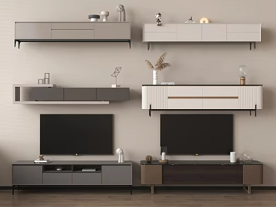 Modern TV Cabinets With Storage Drawers And Decorative Ornaments In Neutral Tones 3d model