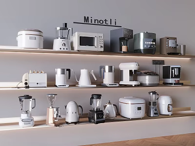Various Minotli Household Appliances Displayed on Modern Shelves in Interior 3d model