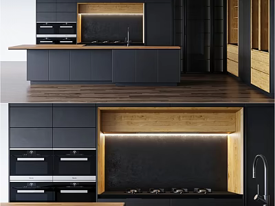 Modern Kitchen Interior With Black Cabinets Wooden Accents And Island Counter 3d model