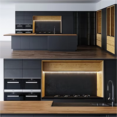 Modern Kitchen Interior With Black Cabinets Wooden Accents And Island Counter 3d model