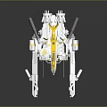 3D Model Of Futuristic Silver And Yellow Mechanical Spaceship With Gun Barrels Sleek Reflective Design