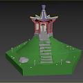 Cartoon Scenery With Colorful Pagoda Stone Steps Green Grassy Hill And Lanterns