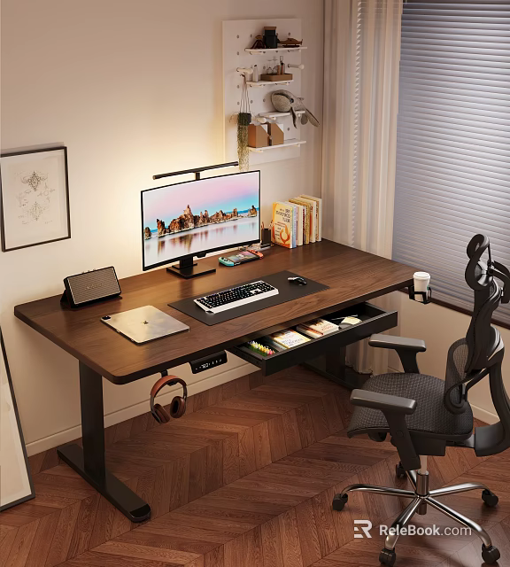 Modern Wooden Office Desk With Computer Monitor Keyboard Open Drawer And Gaming Chair 3d model 