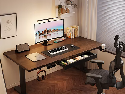 Modern Wooden Office Desk With Computer Monitor Keyboard Open Drawer And Gaming Chair 3d model