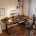 Modern Wooden Office Desk With Computer Monitor Keyboard Open Drawer And Gaming Chair