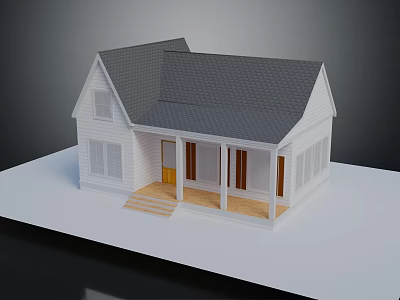 Cartoon Style White House With Gray Roof Porch Windows And Wooden Steps 3d model