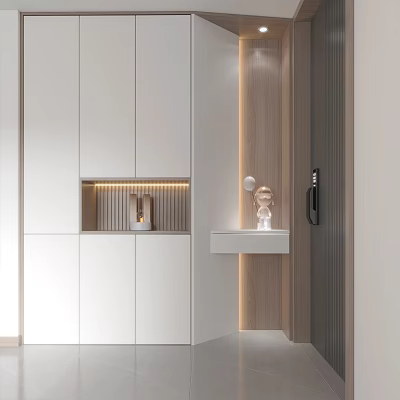 Minimalist Entryway Hallway Interior Design With White Cabinets And Recessed Lighting 3d model