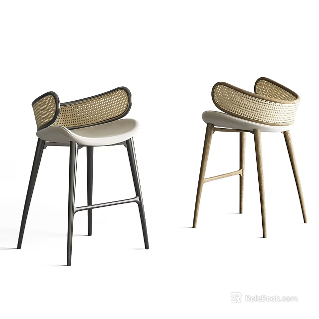 Modern Bar Stools With Woven Backrest And Black Gold Metal Legs 3d model 