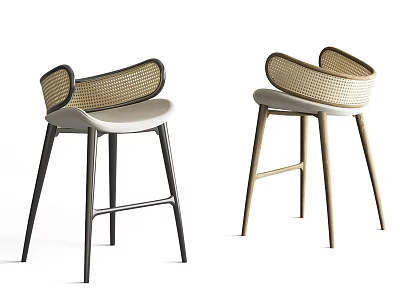 Modern Bar Stools With Woven Backrest And Black Gold Metal Legs 3d model