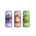 Colorful LIMO Beverage Cans with Purple Pink Green Designs and Cartoon Characters