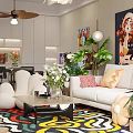 Modern Living Dining Room Interior Design With Sofa Colorful Rug Green Plants And Chandelier