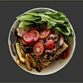 Delicious Mixed Food Bowl With Toast Tomato Lettuce Meat Fries And Olives