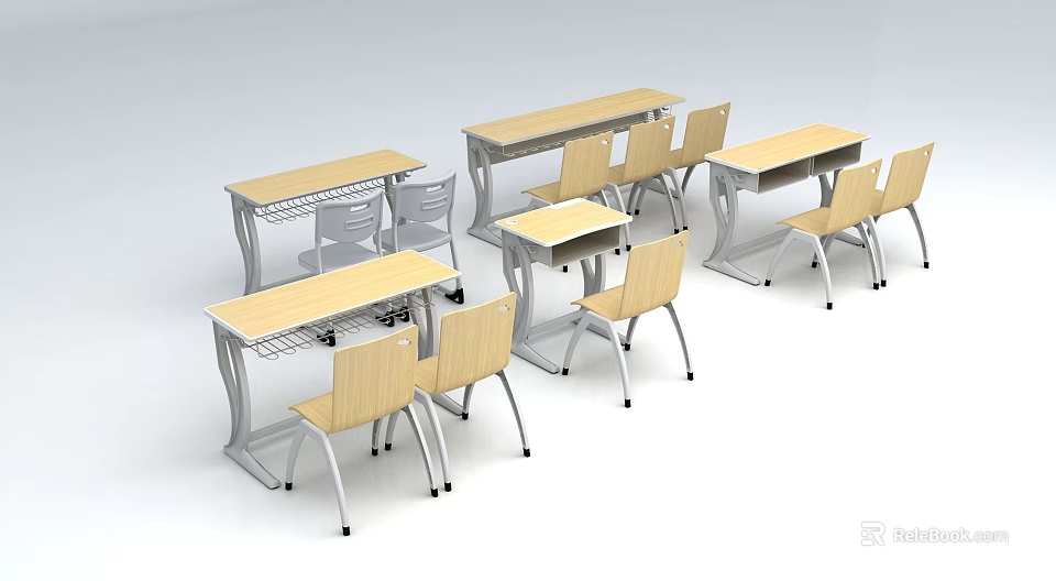 Wooden Top Tables With Metal Frame Chairs For Classroom Furniture Setup 3d model 