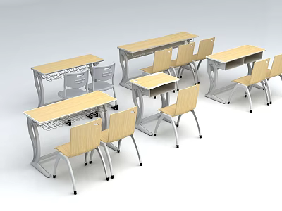 Wooden Top Tables With Metal Frame Chairs For Classroom Furniture Setup 3d model