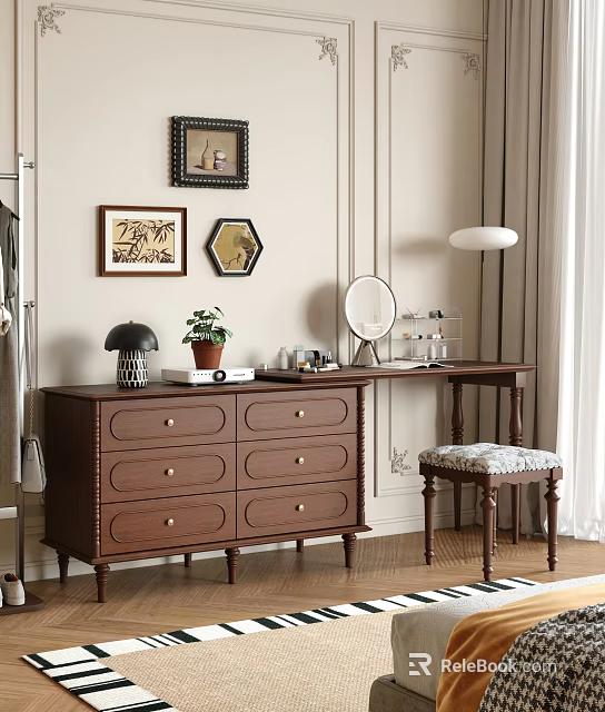 Wooden Bedroom Dresser With Drawers Mirror Cosmetics Stool Potted Plant Lamp And Artwork 3d model 