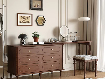 Wooden Bedroom Dresser With Drawers Mirror Cosmetics Stool Potted Plant Lamp And Artwork 3d model