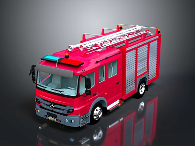 Red Fire Truck with Ladder Emergency Lights and Shiny Exterior Cabinet Details 3d model