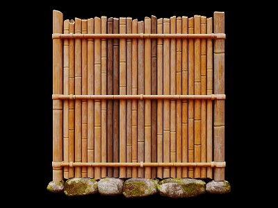 Rustic Bamboo Fence Garden Decor With Stone Base And Mossy Accents For Natural Outdoor Landscaping 3d model