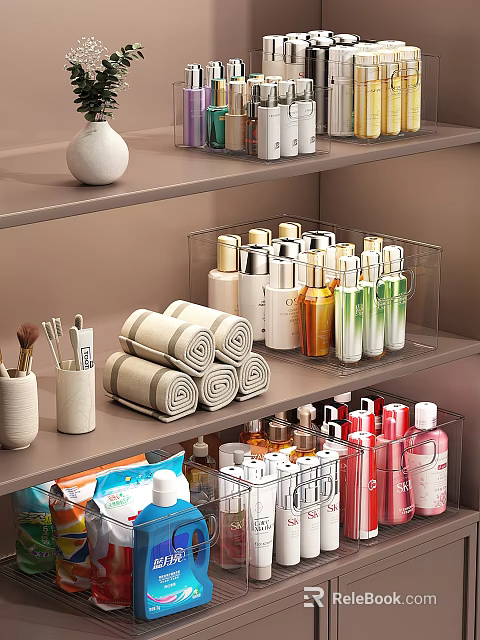 Bathroom Accessories Organized on Shelves with Rolled Towels Skincare Bottles and Cosmetic Brushes 3d model 