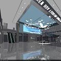 Modern Exhibition Hall With Ceiling Butterfly Decorations Large Screen Silver Car And Sculpture