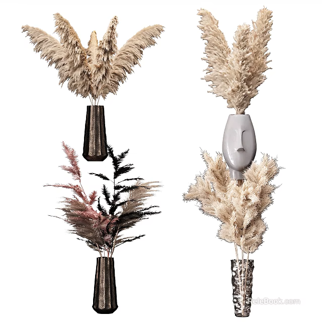 Modern Sculptural Vases Featuring Beige Feathery Blooms And Pink Dried Foliage 3d model 