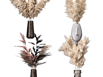 Modern Sculptural Vases Featuring Beige Feathery Blooms And Pink Dried Foliage 3d model