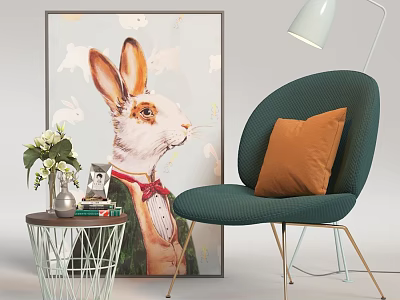 Cozy Green Accent Chair With Orange Cushion Small Side Table Rabbit Artwork And Floor Lamp 3d model