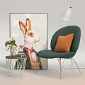 Cozy Green Accent Chair With Orange Cushion Small Side Table Rabbit Artwork And Floor Lamp