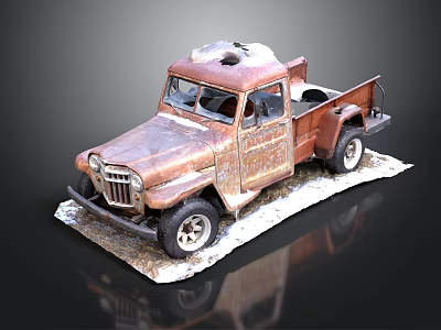 Rusty Old Vintage Truck Model with Weathered Exterior on Snowy Base 3d model