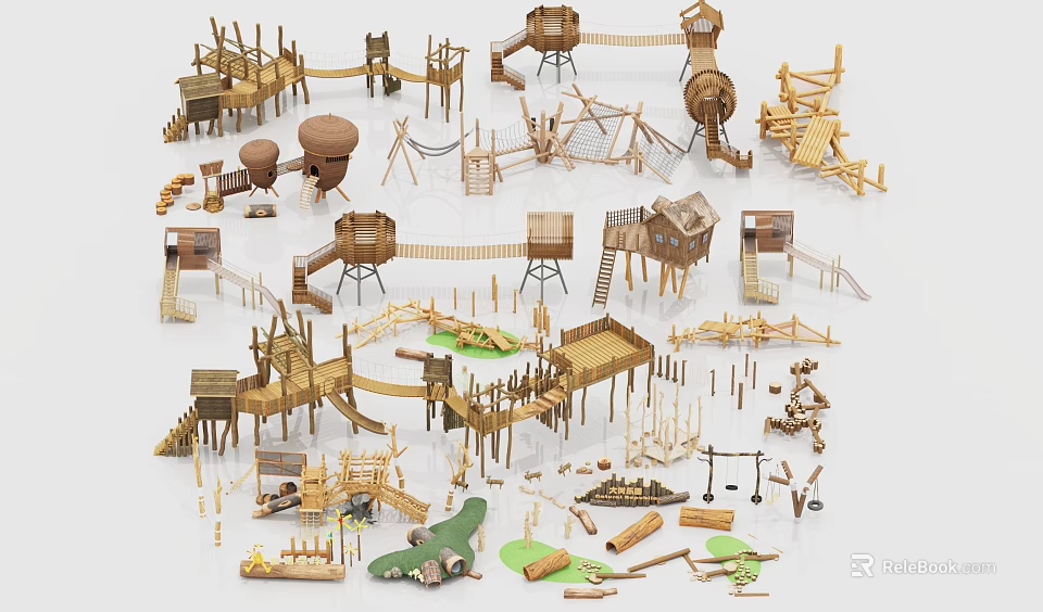 Wooden Kids Play Area with Various Structures Slides Climbing Frames Balance Beams and Swings 3d model 