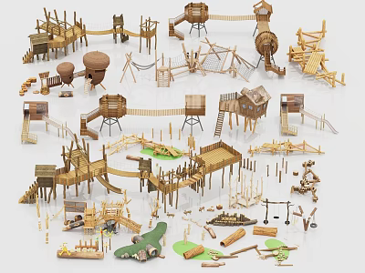 Wooden Kids Play Area with Various Structures Slides Climbing Frames Balance Beams and Swings 3d model