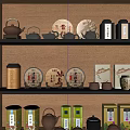 Elegant Tea Set Display with Wooden Shelf Tea Canisters Cakes Cups and Boxes