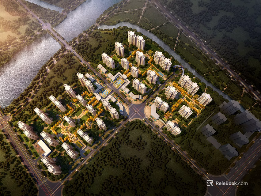 Bird's Eye View Residential Master Plan With High Rise Buildings River Green Spaces and Roads 3d model 