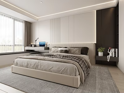 Modern Bedroom Interior Design With Bed Nightstand Window Curtains Desk And Rug 3d model
