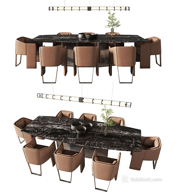 Modern Dining Table Set With Black Marble Top And Brown Chairs 3d model