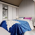 Modern Kids Bedroom Interior With Blue Bedding Wardrobe And Lighting