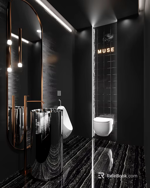 Public Restroom With Modern Design Black Tile Walls Metal Fixtures And Mirrors 3d model 