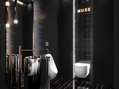 Public Restroom With Modern Design Black Tile Walls Metal Fixtures And Mirrors 3d model